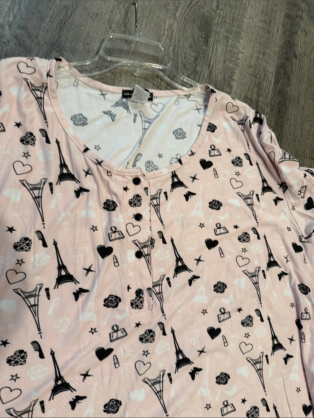 Pink Eiffel Tower Print Nightgown with Scoop Neck and Button Detail